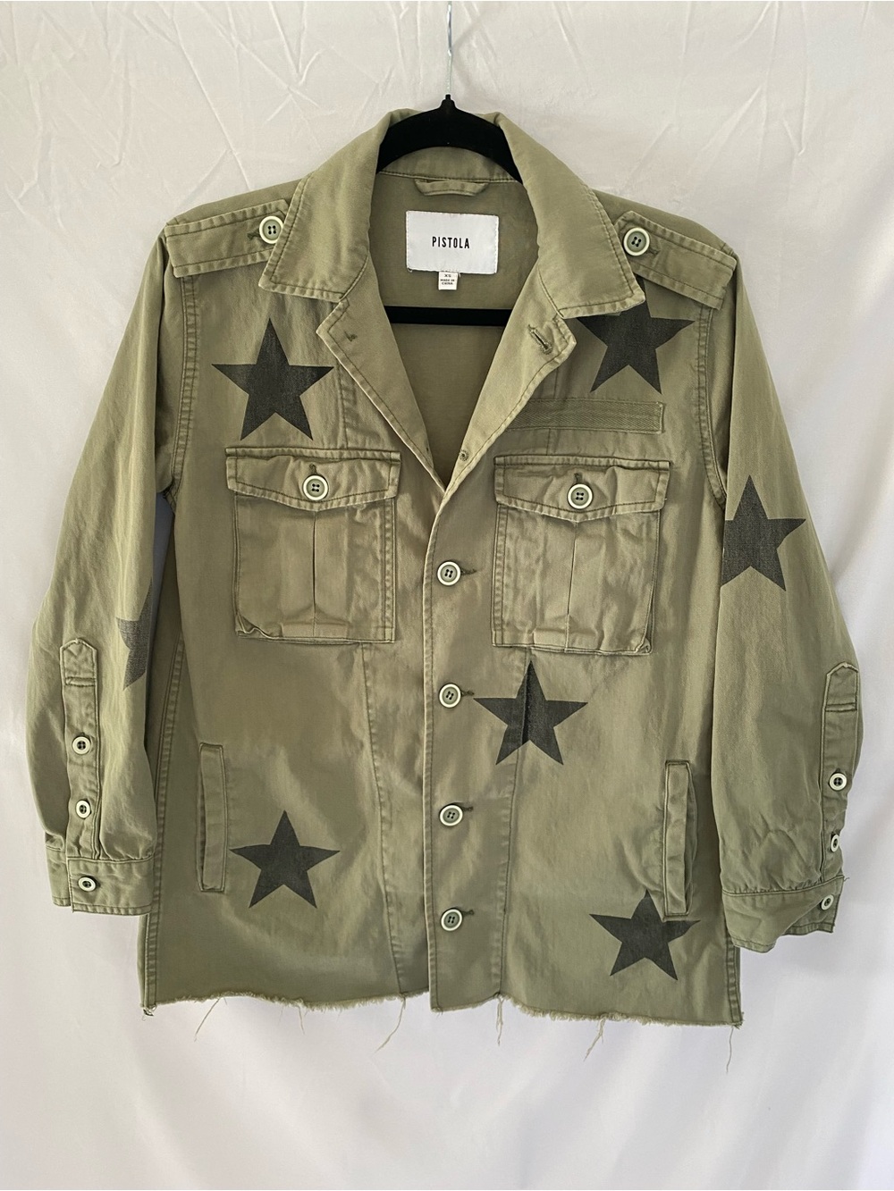 PISTOLA Olive Green Military Jacket with Black Star Print XS